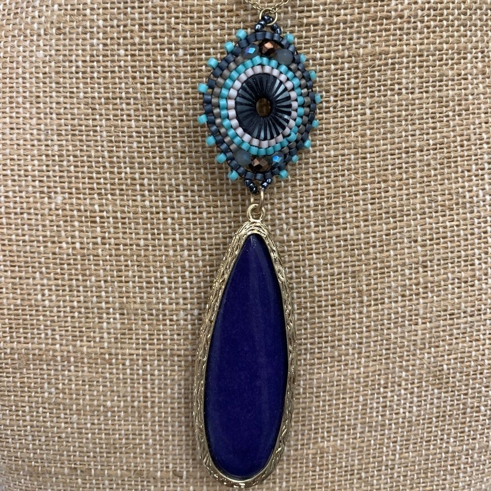 Agate Dyed Dark Blue with Western Beaded Design Necklace #casual #western